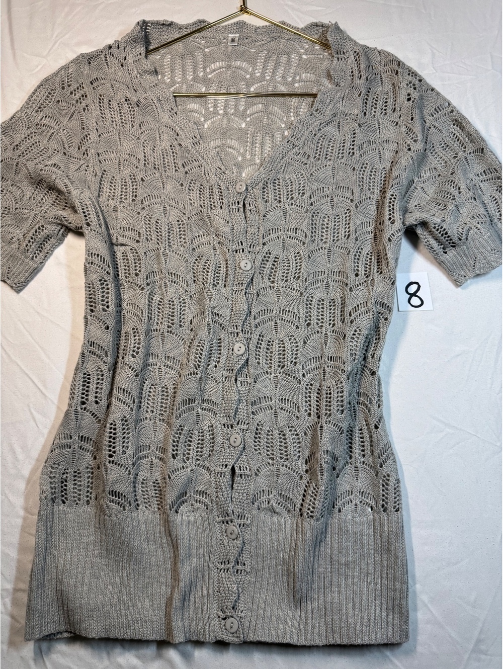 Chic Light Gray Short Sleeve Pointelle Knit Cardigan Medium